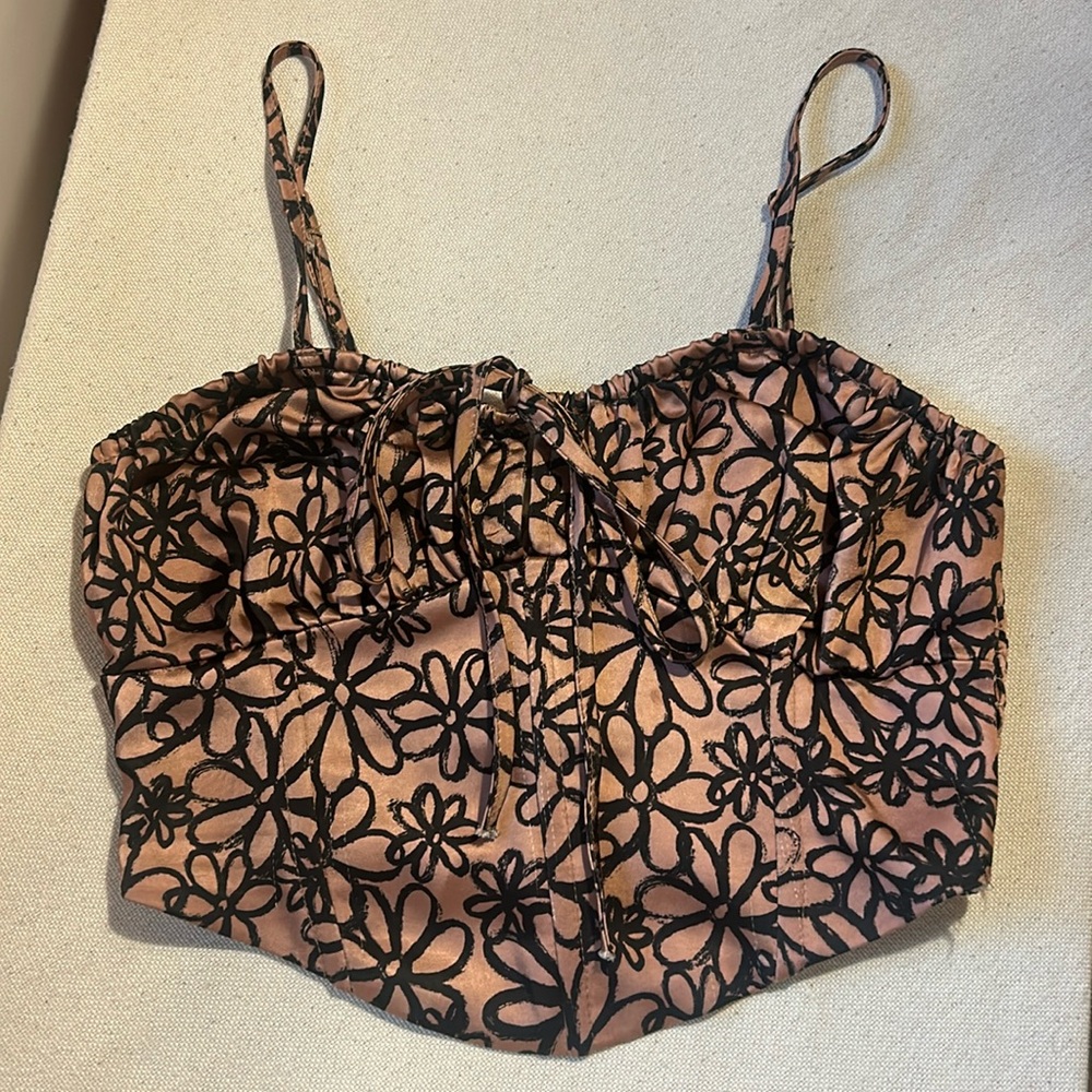 Pacsun silk pink and black corset crop top with adjustable tie detail in front